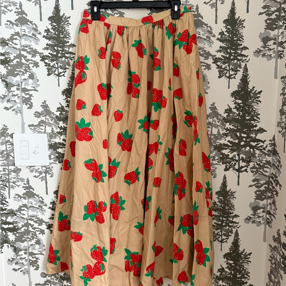 Maeve Beige Maxi Skirt with Red Strawberry Pattern